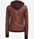 Dark Brown Bomber Leather Jacket With Removable Hood