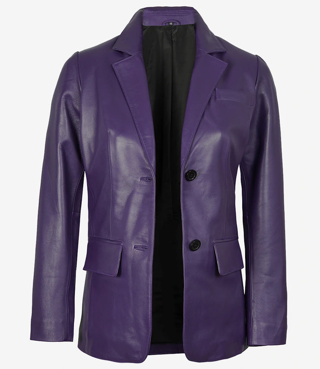Womens Two Button Purple Leather Blazer