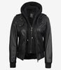 Women's Black Leather Bomber Jacket with Removable Hood