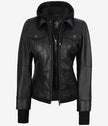 The Celeste: Womens Black Bomber Leather Jacket with Removable Hood