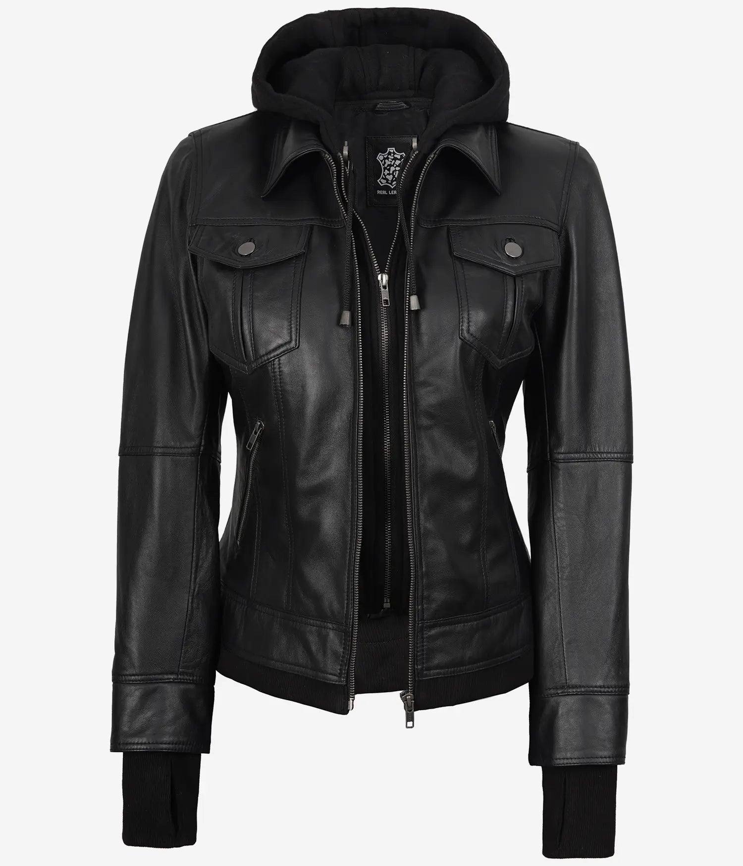 The Celeste: Womens Black Bomber Leather Jacket with Removable Hood