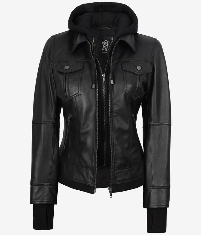 The Celeste: Womens Black Bomber Leather Jacket with Removable Hood
