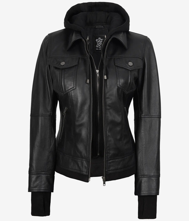 The Celeste: Womens Black Bomber Leather Jacket with Removable Hood