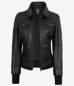 The Celeste: Womens Black Bomber Leather Jacket with Removable Hood