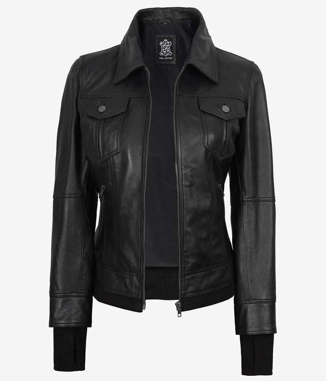 The Celeste: Womens Black Bomber Leather Jacket with Removable Hood