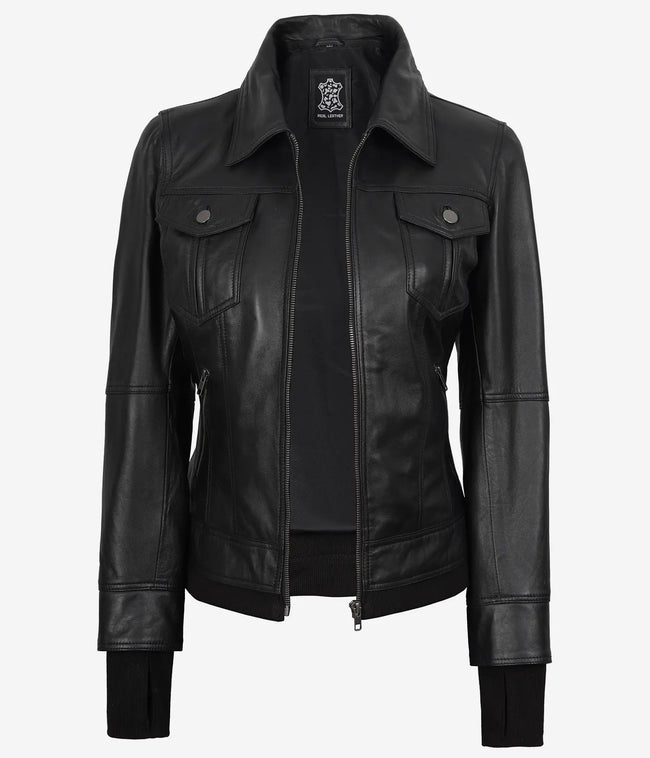 The Celeste: Womens Black Bomber Leather Jacket with Removable Hood