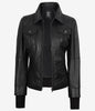 The Celeste: Womens Black Bomber Leather Jacket with Removable Hood