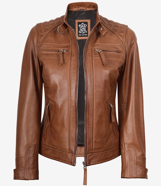 Women's Real Lambskin Leather Tan Quilted Biker Style Jacket