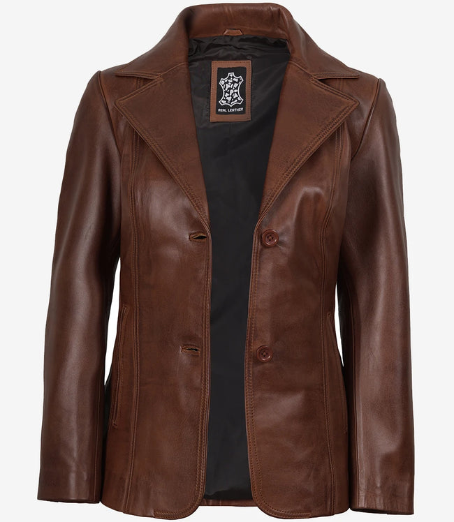Womens Cognac Leather Blazer Jacket
