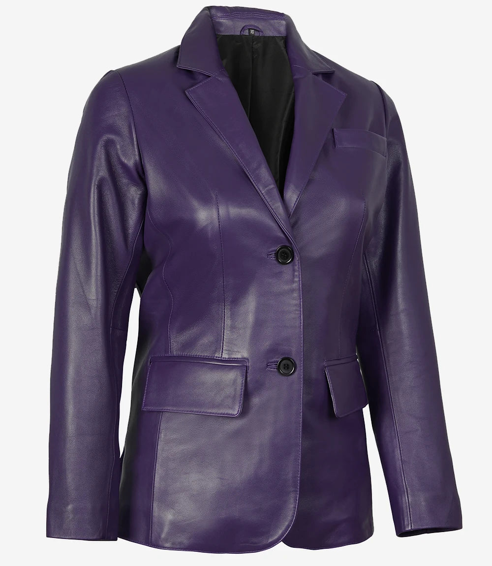 Womens Two Button Purple Leather Blazer