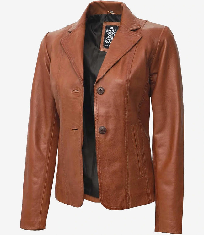 Womens Brown Leather Blazer Jacket