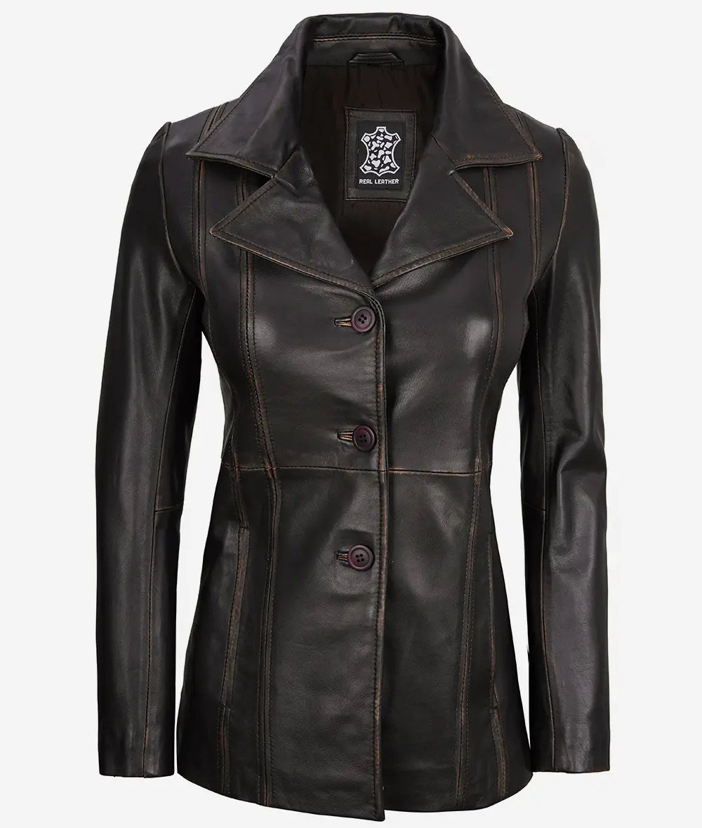 Womens Three Button Rub Off Brown Leather Blazer