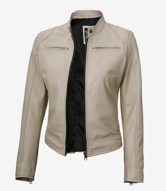 Womens Biker Racer Beige Leather Jacket