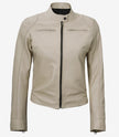 Womens Biker Racer Beige Leather Jacket