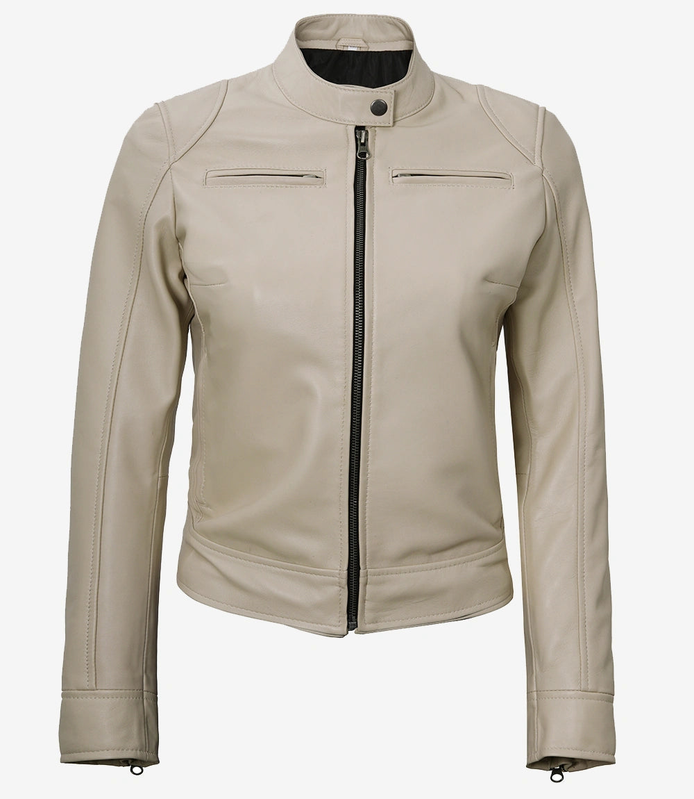 Womens Biker Racer Beige Leather Jacket