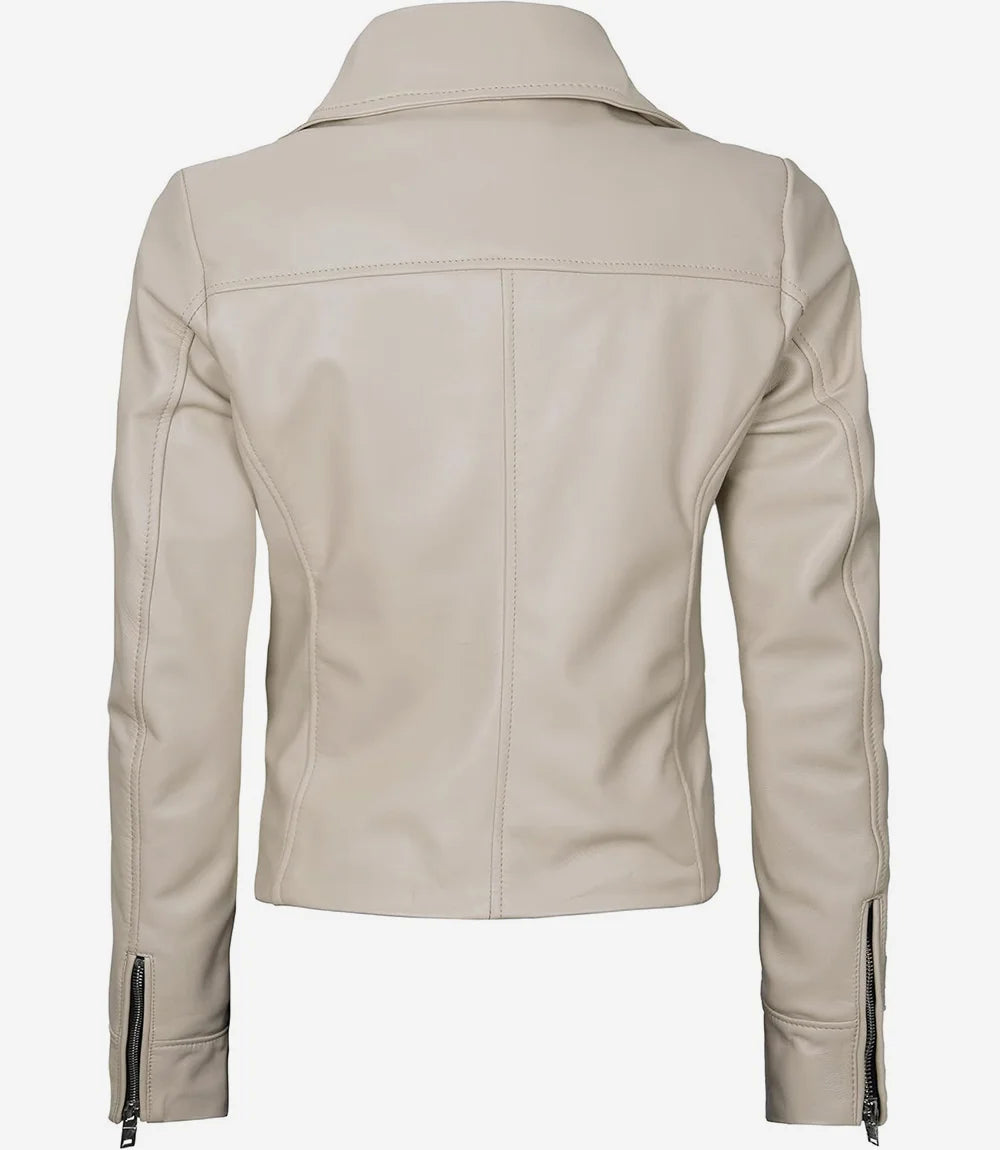 Womens Real Lambskin Leather Beige Moto Jacket
