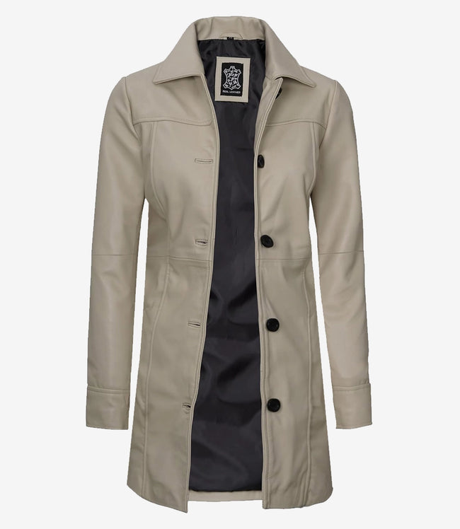 Womens Real Leather Beige Car Coat