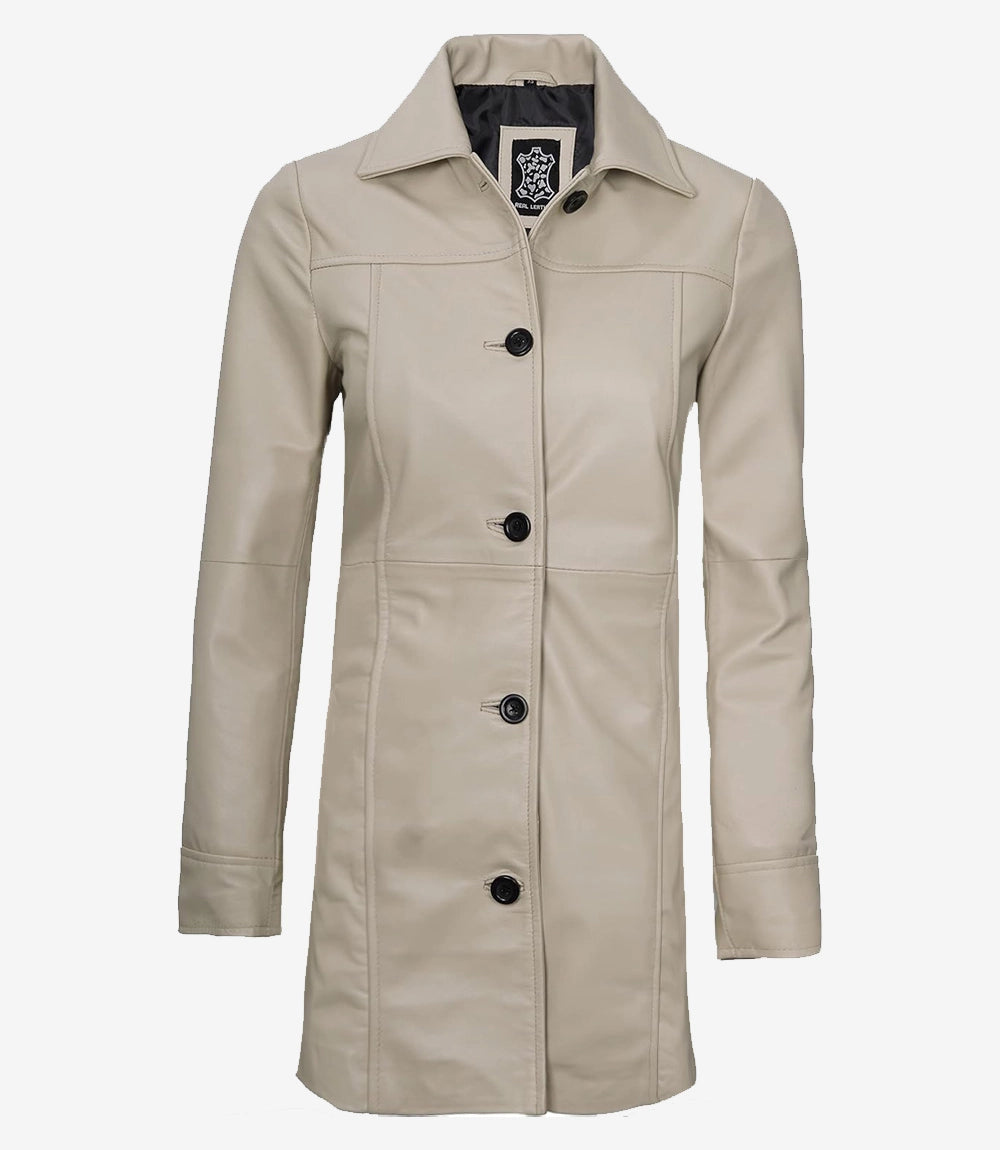 Womens Real Leather Beige Car Coat