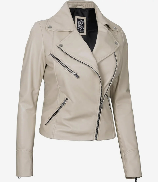 Womens Real Lambskin Leather Beige Moto Jacket