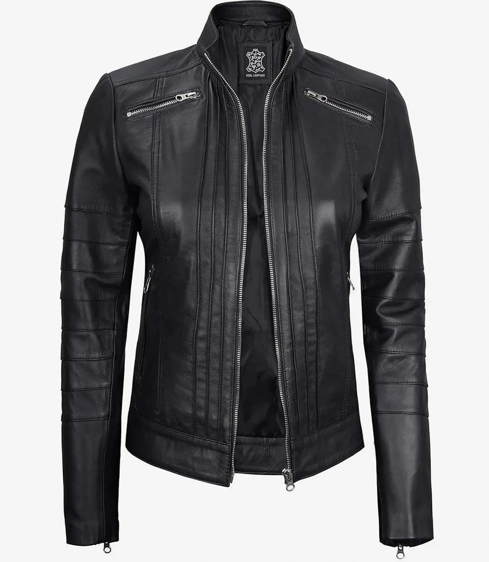 Womens Leather Black Cafe Racer Jacket