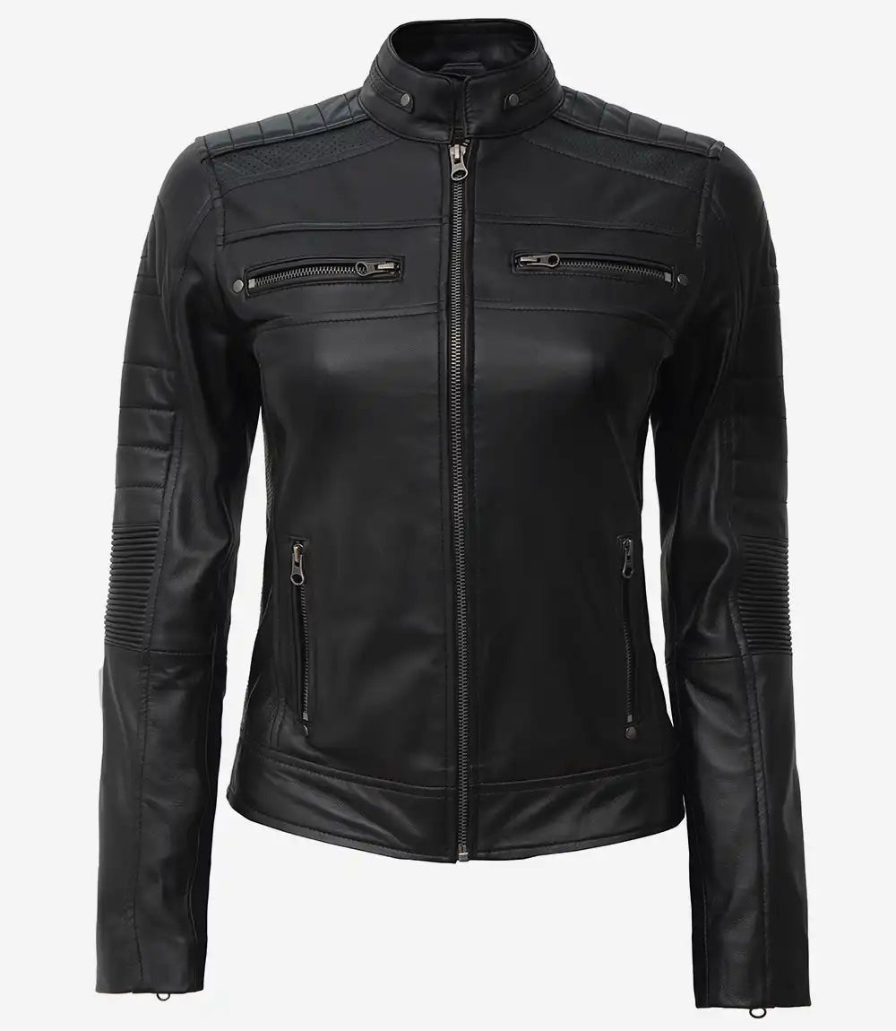 Womens Tall Black Leather Cafe Racer Jacket