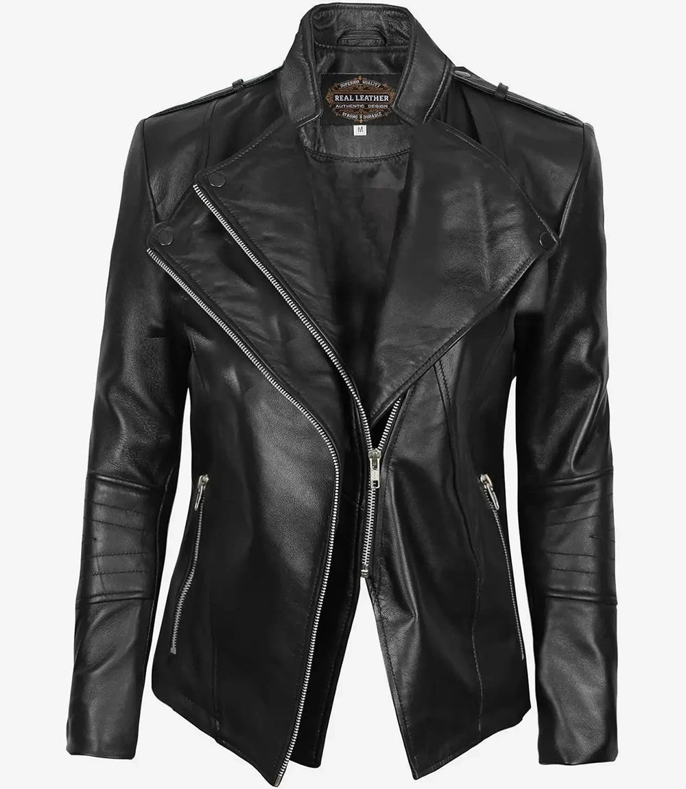 Womens Asymmetrical Fitted Leather Jacket Black