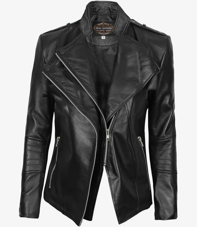 Womens Asymmetrical Fitted Leather Jacket Black