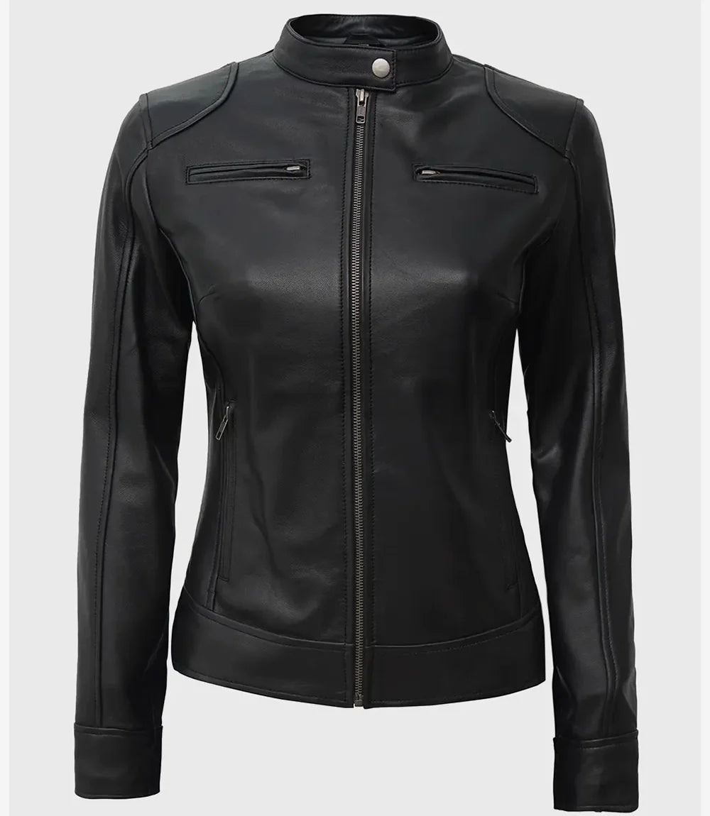 Womens Tall Black Leather Moto Jacket