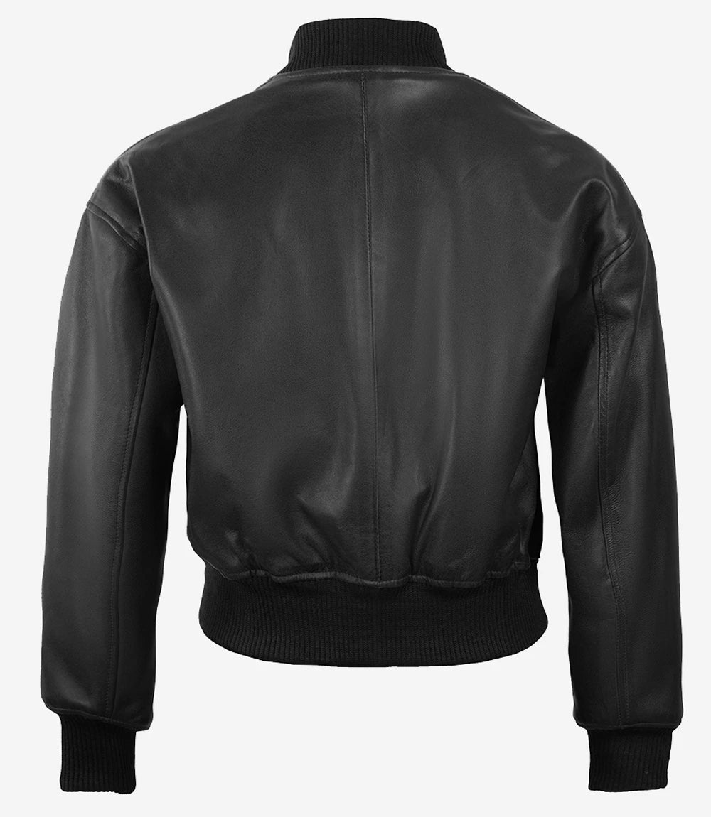 Womens Drop Shoulder Black Bomber Leather Jacket