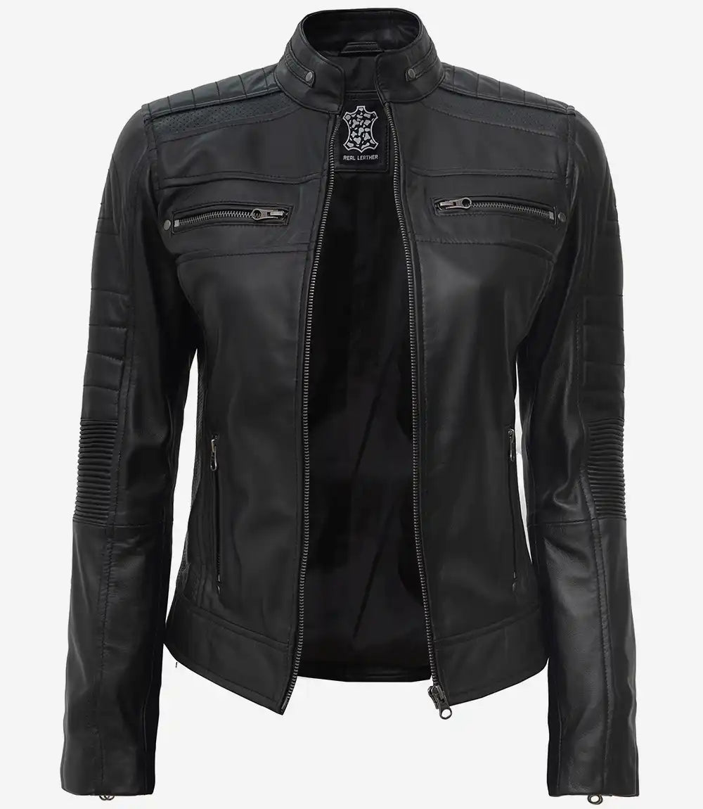 Womens Tall Black Leather Cafe Racer Jacket