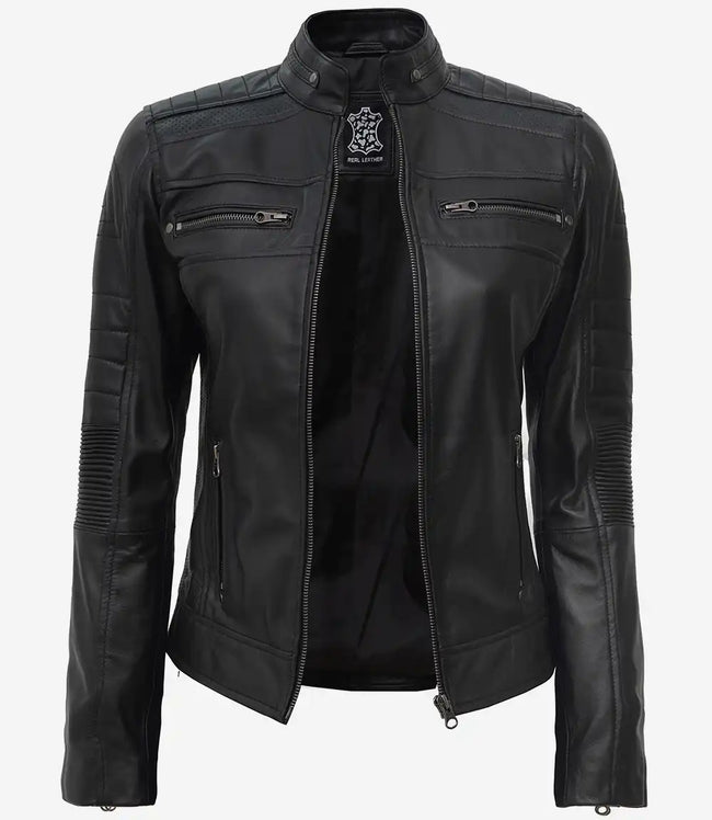 Womens Tall Black Leather Cafe Racer Jacket
