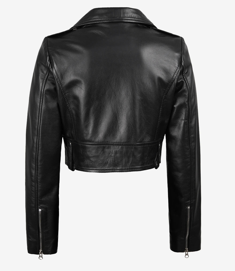 Womens Black Asymmetrical Cropped Leather Jacket