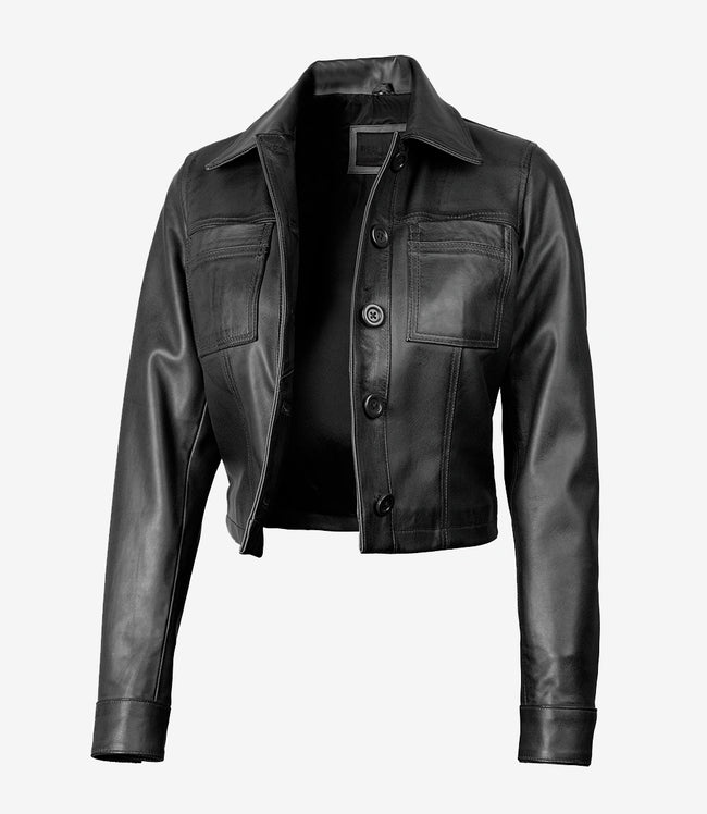 Womens Cropped Black Leather Jacket