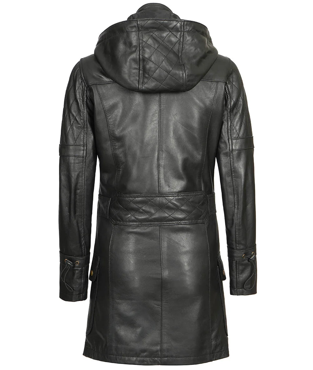 Womens Black 3 4 Length Leather Coat With Hood