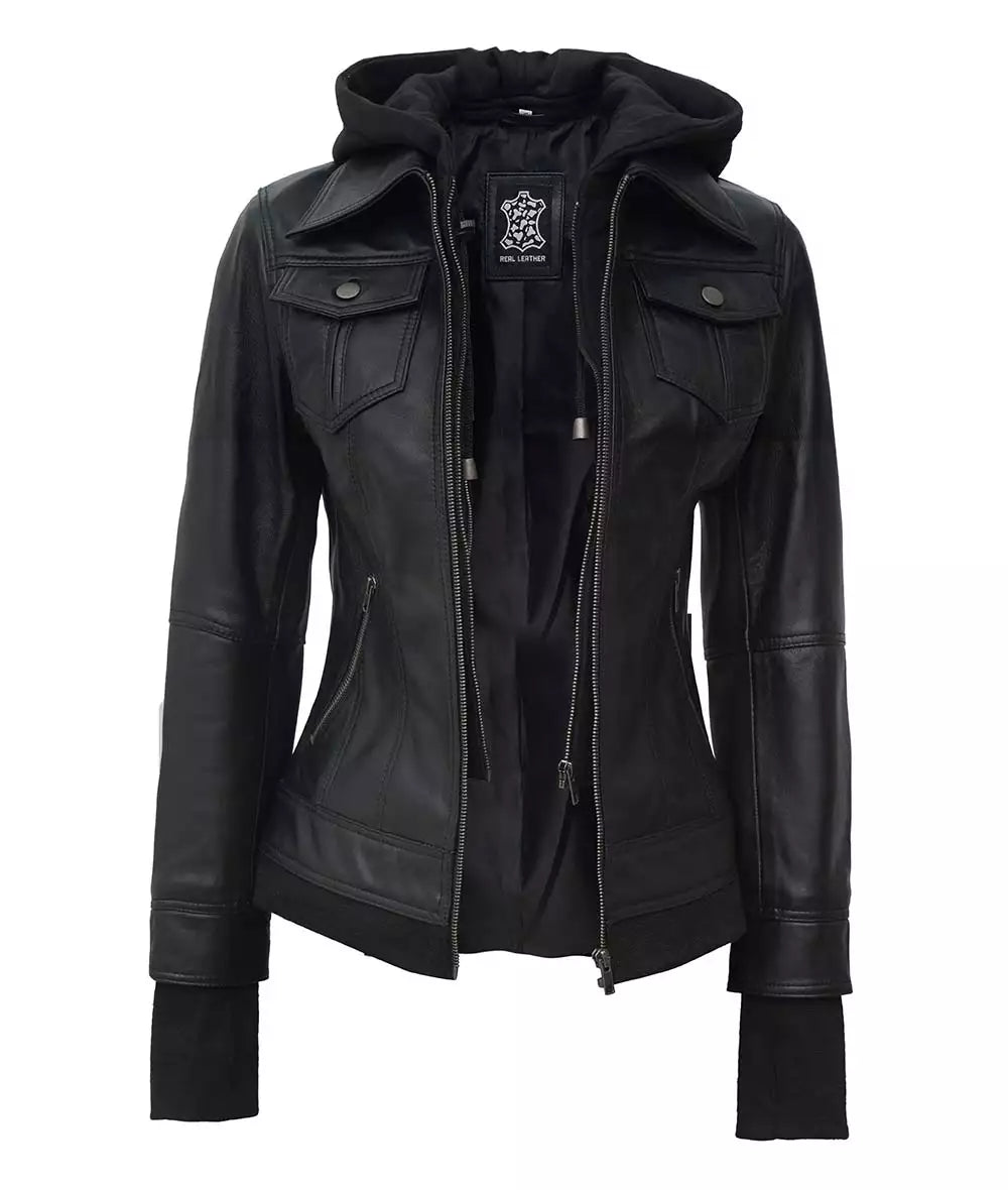 Womens Black Bomber Jacket With Hood