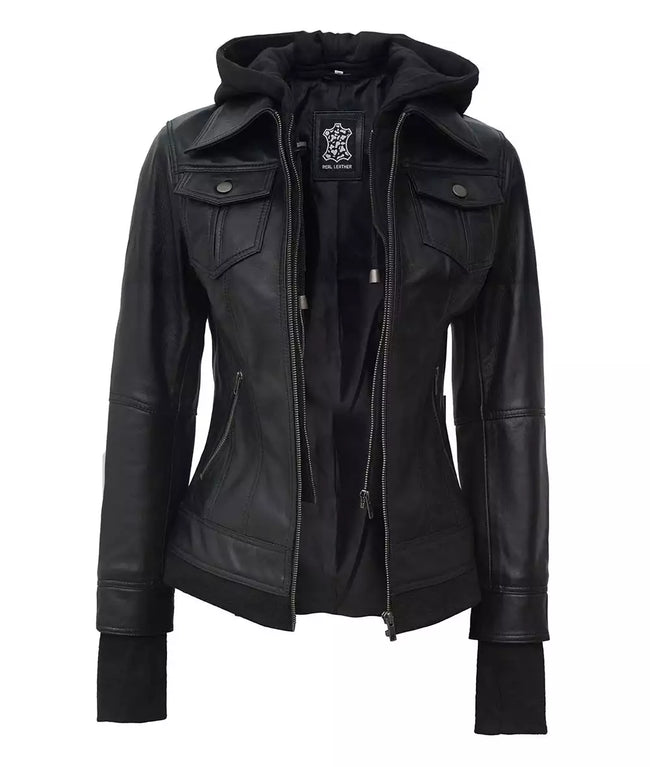 Womens Black Bomber Jacket With Hood