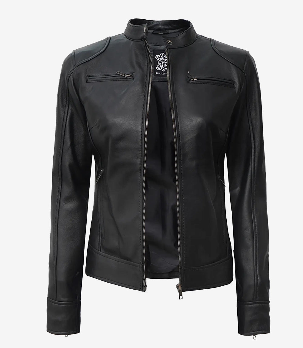 Womens Petite Black Leather Moto Jacket