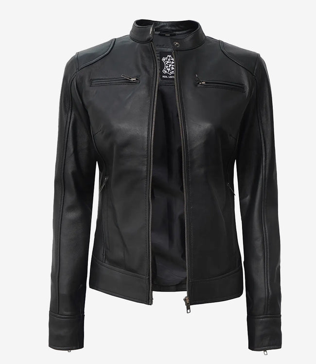 Womens Petite Black Leather Moto Jacket