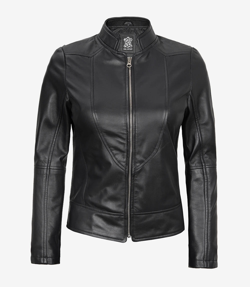 California Womens Black Leather Stand Up Collar Jacket