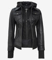 Womens Tall Black Bomber Hooded Leather Jacket
