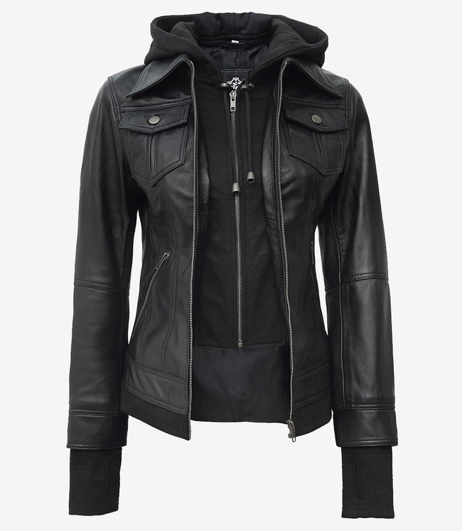 Womens Tall Black Bomber Hooded Leather Jacket