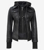 Womens Tall Black Bomber Hooded Leather Jacket