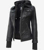 Womens Tall Black Bomber Hooded Leather Jacket