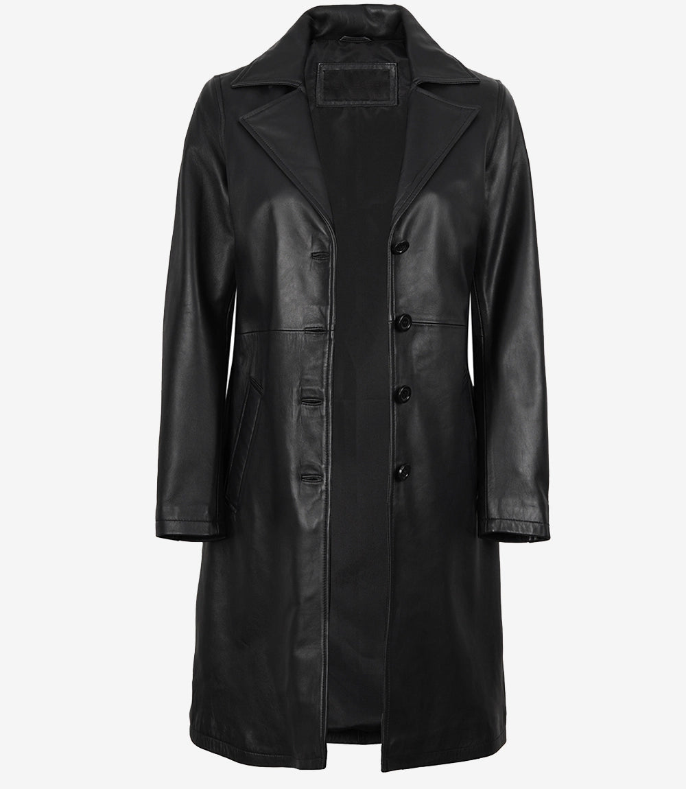 Womens 3 4 Length Black Wide Collar Leather Coat
