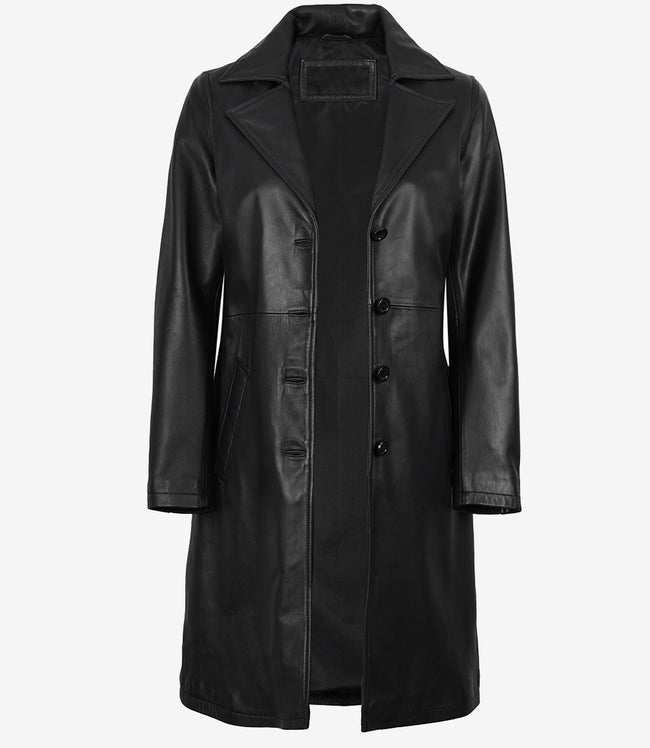 Womens 3 4 Length Black Wide Collar Leather Coat