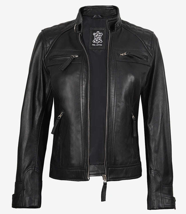 Womens Black Real Leather Motorcycle Jacket