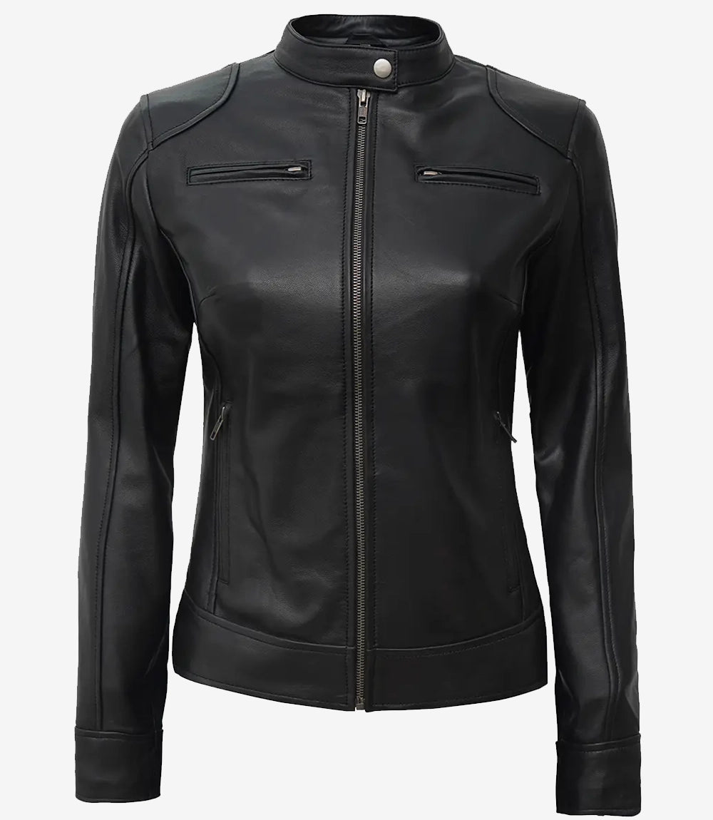 Womens Petite Black Leather Moto Jacket