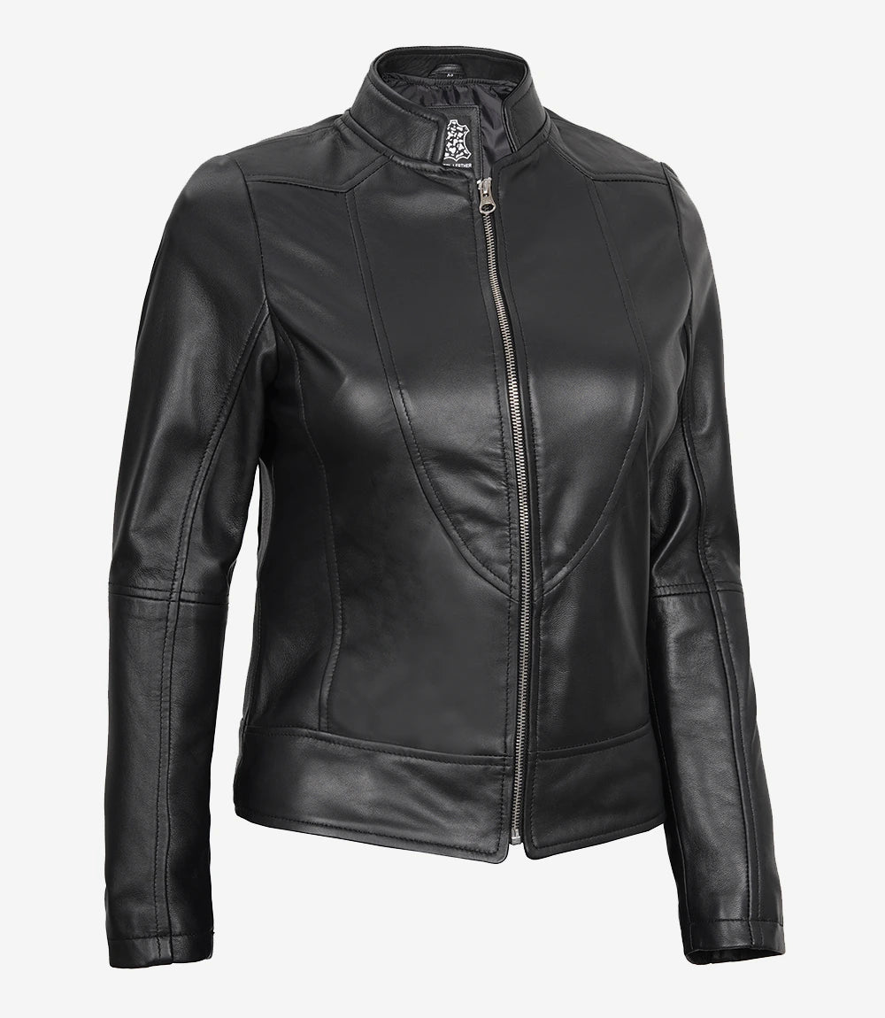 California Womens Black Leather Stand Up Collar Jacket