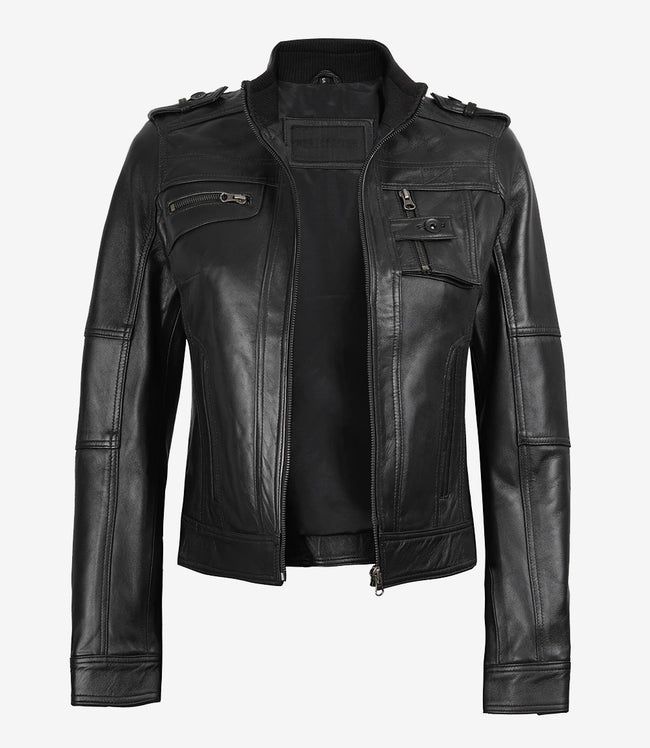Womens Black Leather Moto Jacket