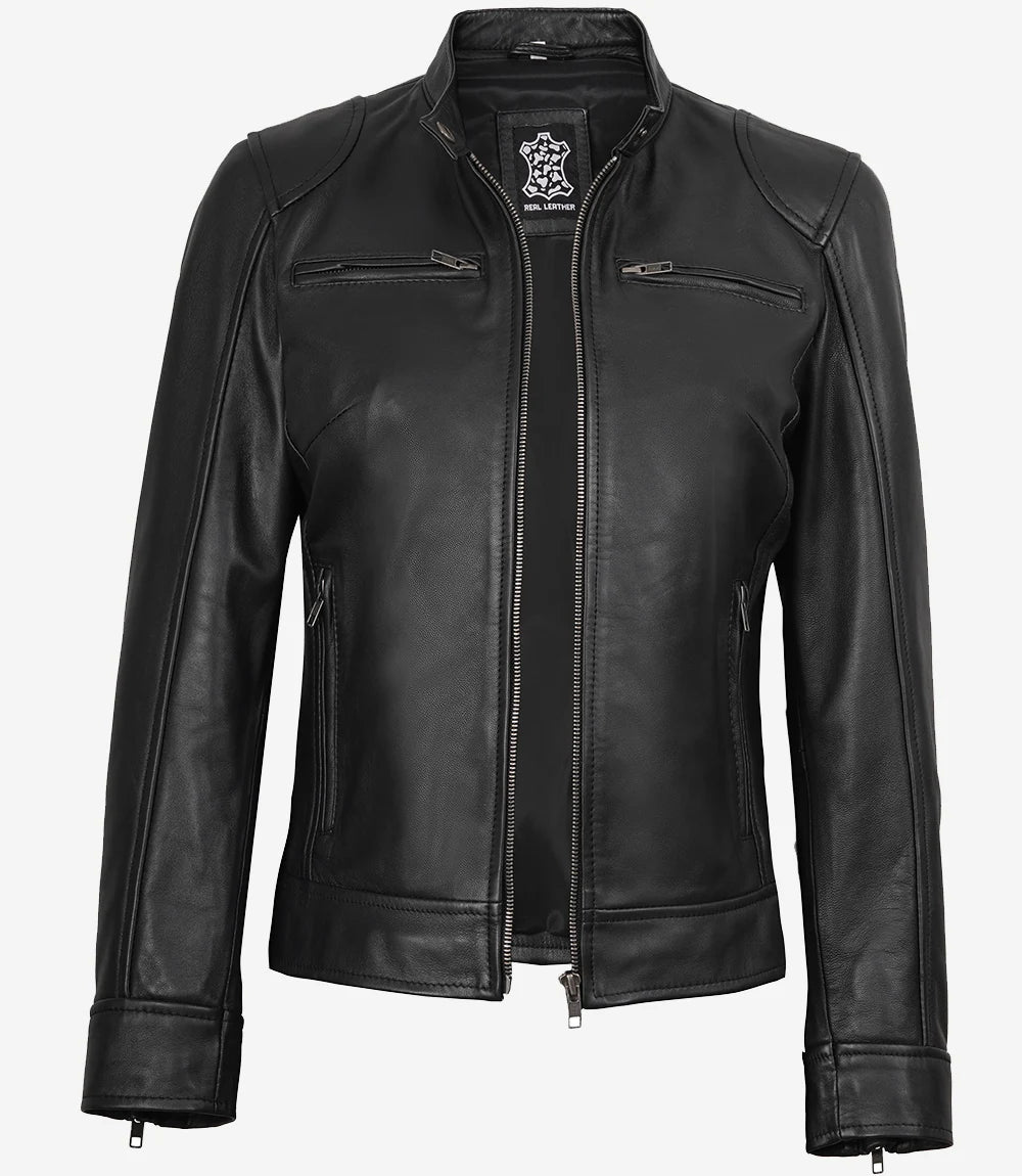 Womens Black Real Leather Moto Jacket